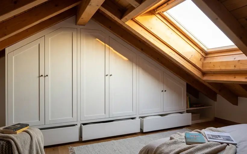 Rangements sur mesure installés sous une pente de toit, avec tiroirs coulissants dans la partie basse